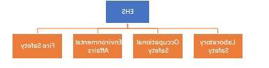 Flow Chart of EHS, with EHS at the level 1 followed by Laboratory Safety, Occupational Safety, Environmental Affairs, and Fire Safety at level 2